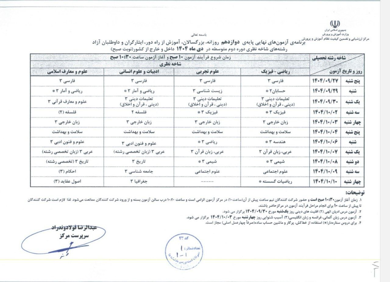 برنامه امتحانات نهایی دوازدهمی‌ها اعلام شد