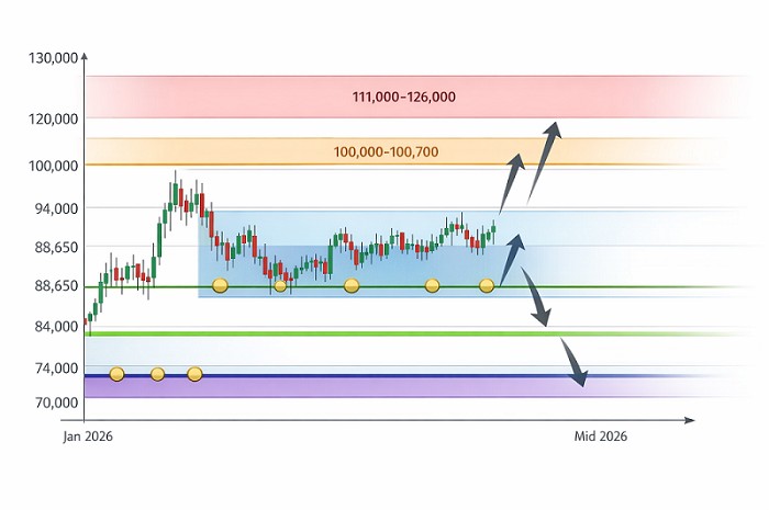 تحلیل تکنیکال بیت‌کوین در ۲۰۲۶؛ نقاط ورود و خروج کجاست؟