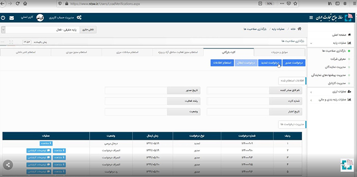 درخواست صدور یا تمدید کارت بازرگانی 